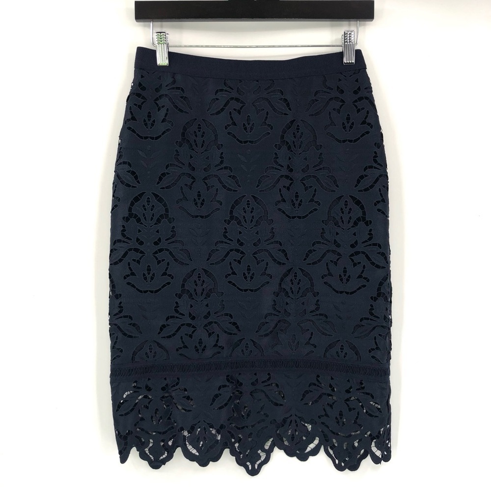 ANN TAYLOR Navy Blue Lace Pencil Skirt 2 Women Zip Back Career Dressy Lacey Blue